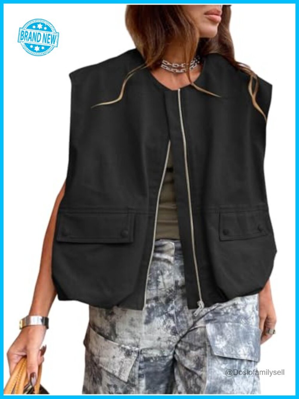 Womens Streetwear Cargo Vest Oversized Sleeveless Zip-Up Utility Jacket